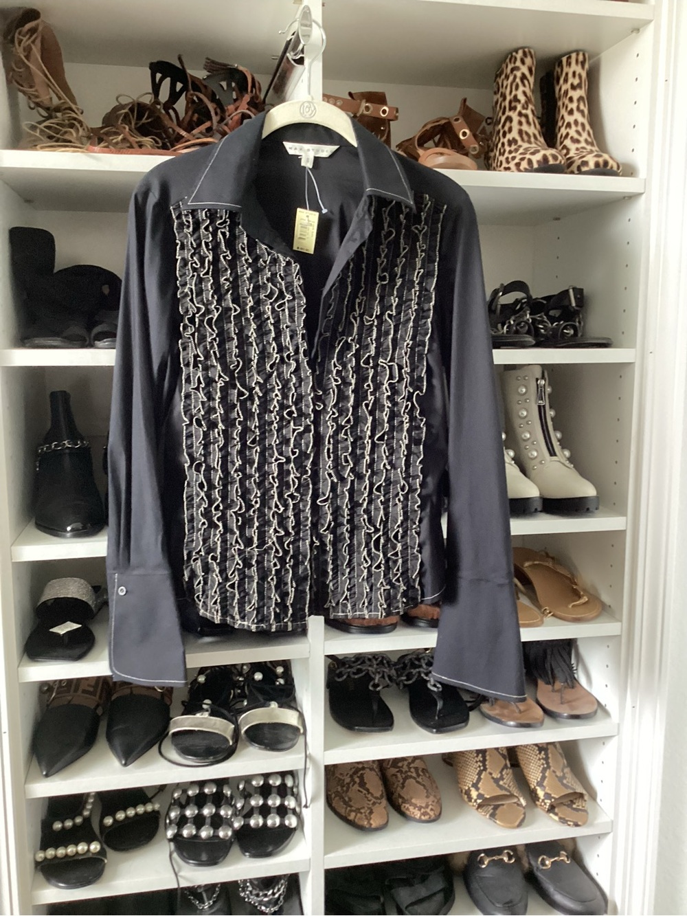 Max Studio Black Ruffle-Front Button Down Shirt